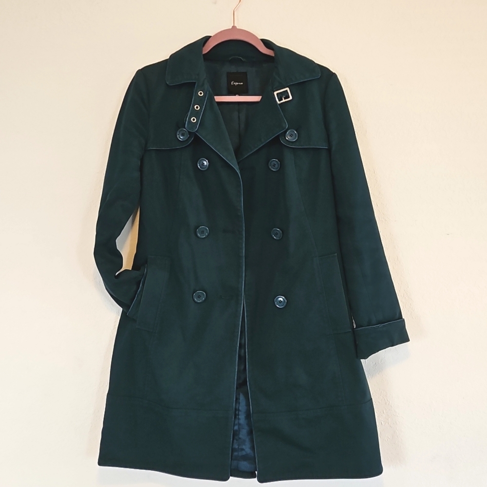 Express Blue and Silver Trench Coat with Double-Breasted Design and Waist Belt